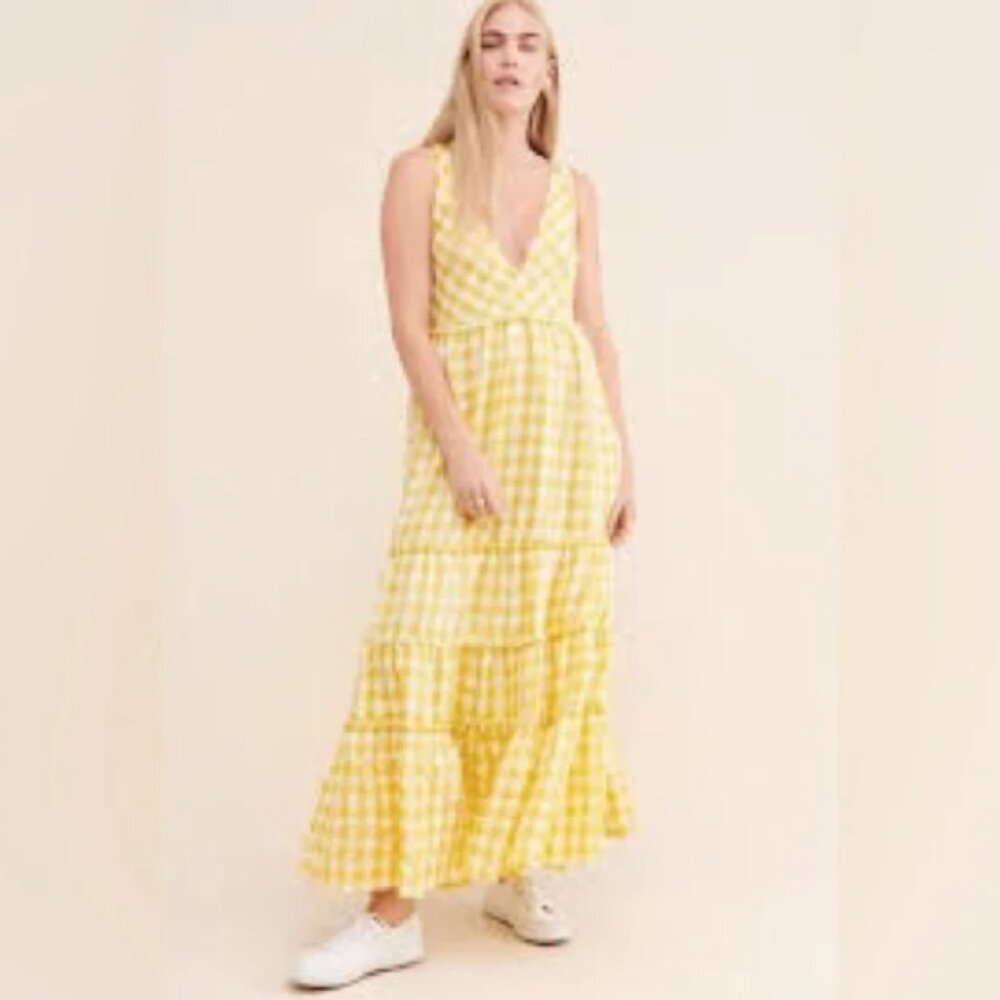 Free People Beach Club Maxi Dress Yellow White Gingham Plaid Bow Back Flowy sz M